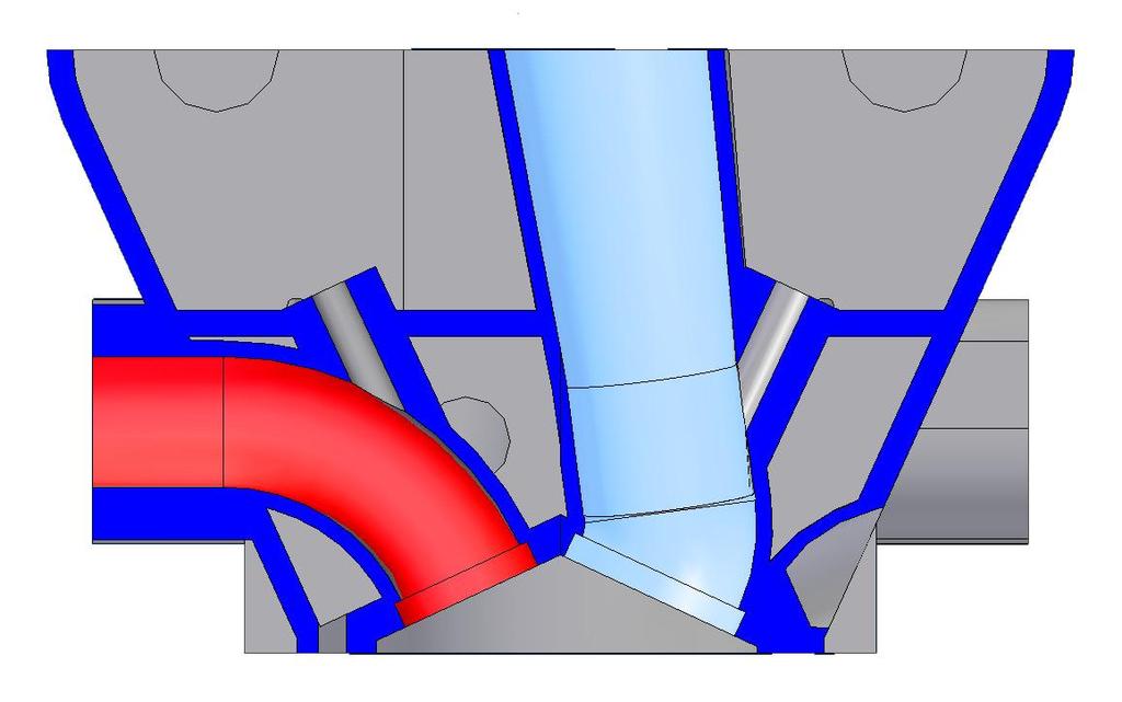 Nella figura si può vedere bene la forma a cuneo con le pareti inclinate a 25, colorato in rosso si vede il condotto di scarico ed in azzurro quello di aspirazione.