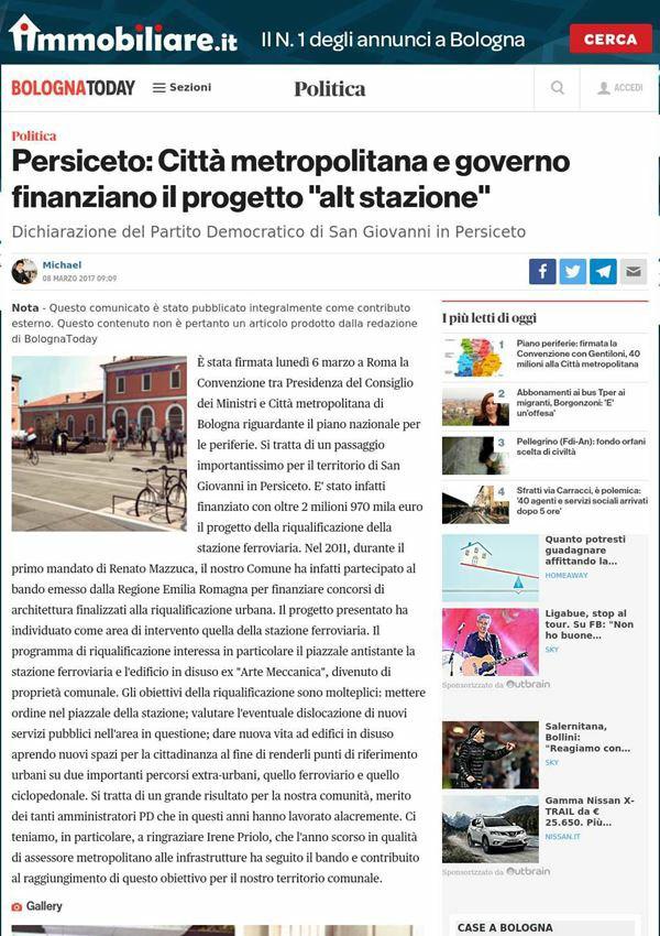 8 marzo 2017 Bologna Today Politica locale Persiceto: Città metropolitana e governo finanziano il progetto "alt stazione" Persiceto: Città metropolitana e governo finanziano il progetto "alt