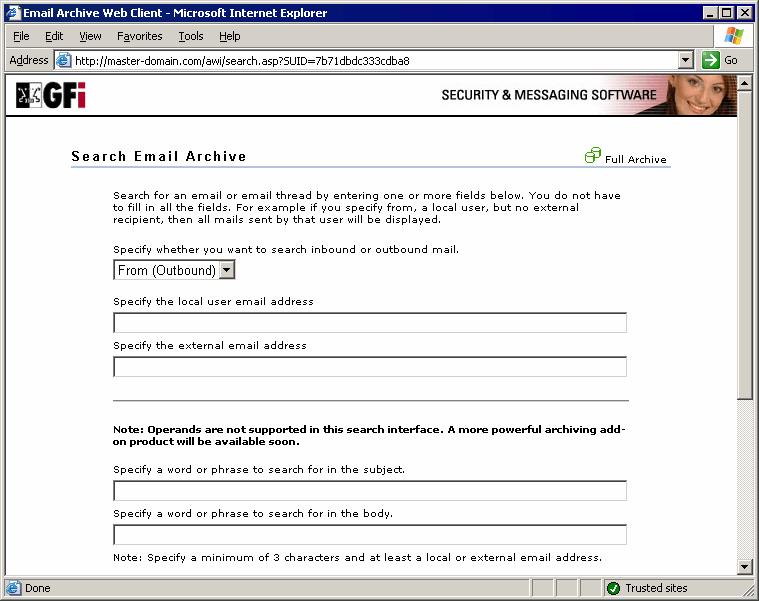 Schermata 101 Pagina di ricerca dell Archive Web Interface (AWI) Configurazione del nodo Search Mail Archive (Ricerca archivio email) Per configurare il nodo Search Mail Archive (Ricerca archivio
