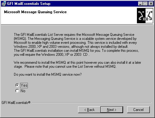 Schermata 18 Installazione del servizio Microsoft Message Queuing 9. L installazione conferma ora i domini locali che sono stati configurati.