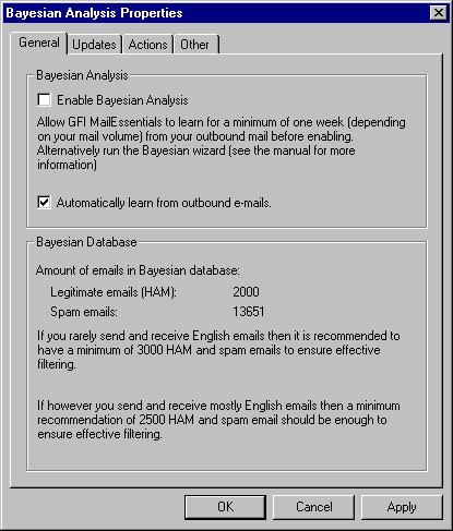 Schermata 24 Proprietà dell analisi bayesiana 1. Nella configurazione di GFI MailEssentials, selezionare il nodo Anti Spam > Bayesian Analysis (Antispam > Analisi bayesiana).