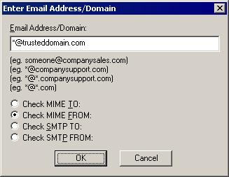 1. Fare clic sul pulsante Add (Aggiungi). Viene visualizzata la finestra di dialogo Enter Email Address/Domain (Inserire indirizzo email o dominio). 2.