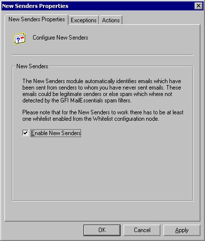 Schermata 53 Proprietà della cartella New Senders (Nuovi mittenti) Scheda Exceptions (Eccezioni) Nella finestra di dialogo Proprietà nuovi mittenti, è possibile specificare l indirizzo (MIME TO, MIME