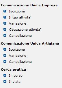 Figura 1 menu starweb Nella figura 21 vediamo il menu principale diviso in due sezioni: Comunicazione Unica Impresa e Comunicazione Unica Artigiana.