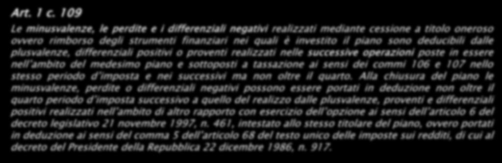 Alla chiusura del piano le minusvalenze, perdite o differenziali negativi possono essere portati in deduzione non oltre il quarto periodo d imposta successivo a quello del