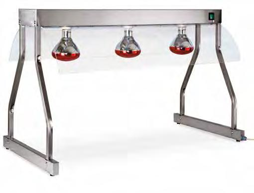 TELAIO CON LAMPADE AD INFRAROSSI Telaio in tubo e lamiera di acciaio inox Parafiato in plexiglass curvo Lampade ad infrarossi, potenza 250 W, di colore rosso Interruttore di accensione con spia