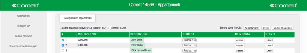 5) Gestire e configurare gli utenti (dispositivi) Dalla pagina di configurazione utenti è possibile abilitare/disabilitare i singoli dispositivi, modificare le configurazioni.