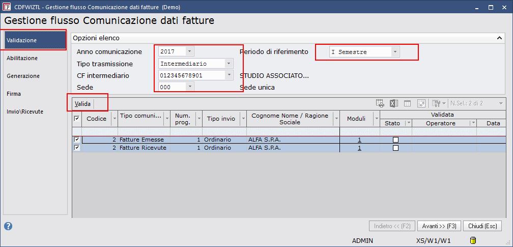 Come da videata di esempio occorre indicare correttamente i dati nei campi: Tipo trasmissione (Intermediario o Diretta) CF intermediario (nel caso la trasmissione sia tramite intermediario) Sede