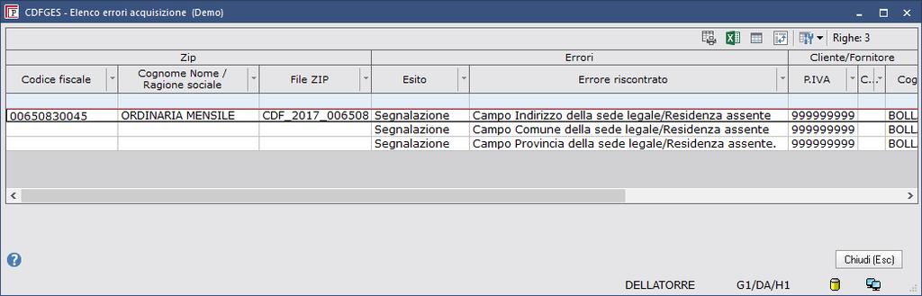 Esempio: Prendere nota delle eventuali segnalazioni; è possibile stampare la griglia o esportarla su excel con gli appositi pulsanti.