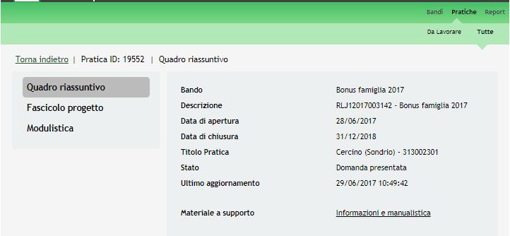All interno della propria pratica, oltre alla modulistica del bando, è possibile consultare le