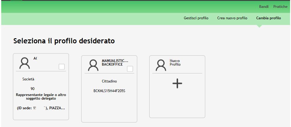 Figura 5 Selezione profilo Accedere all area Bandi in cui è possibile visualizzare l elenco dei bandi a cui il profilo selezionato può partecipare.