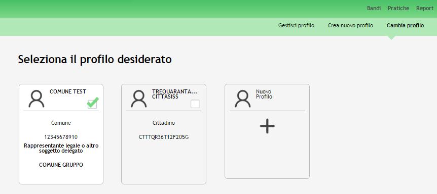 Figura 5 Selezione profilo Potranno presentare la domanda al presente bando: Comuni singoli o in forma Associata o Aggregata.