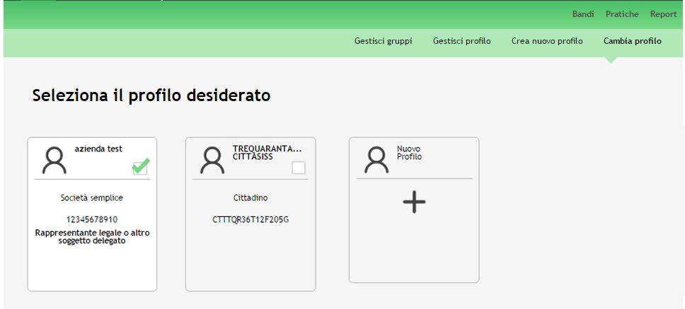 2. Cliccare su Cambia Profilo per selezionare il profilo dell Ente per conto della quale di intende presentare la domanda di finanziamento.