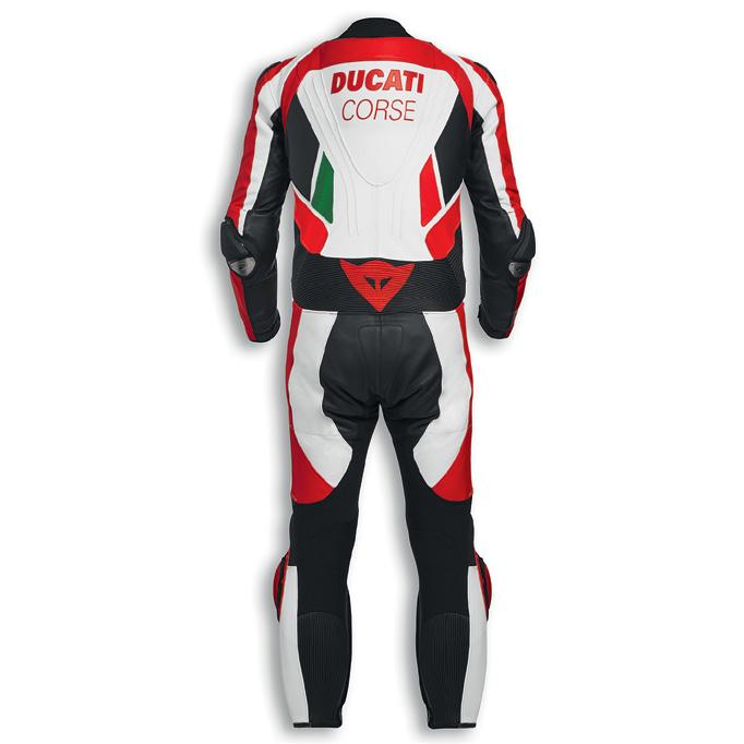Focus on Ducati Corse C3 Tuta racing / Racing suit Disegnata per la pista Tuta intera specifica per uso sportivo in pista, disegnata appositamente per Ducati dal designer Aldo Drudi e prodotta da