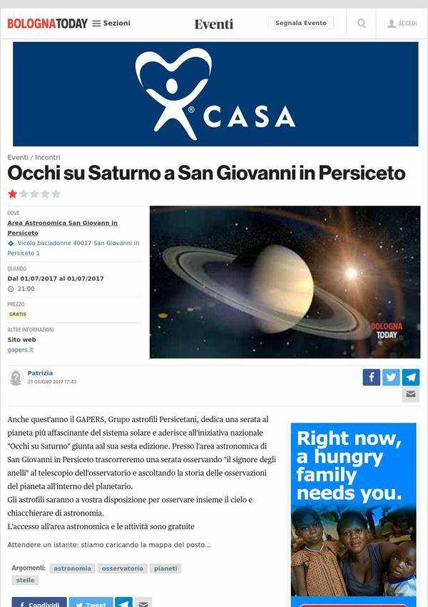 29 giugno 2017 Bologna Today Cultura e turismo Occhi su Saturno a San Giovanni in Persiceto Anche quest' anno il GAPERS, Grupo astrofili Persicetani, dedica una serata al pianeta più affascinante del