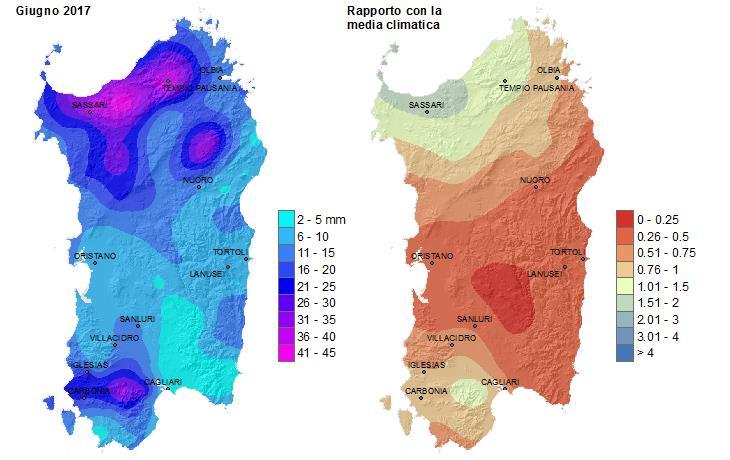 Anche giugno è stato asciutto su gran parte della Sardegna. I cumulati mensili più significativi sono compresi tra 30 e 45 mm registrati sulle aree tra Sassari e Tempio, pari a 1.