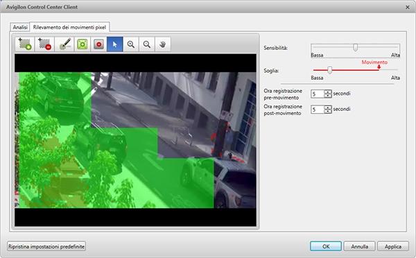 Figura 4: La finestra di dialogo Rilevamento movimenti: la Rilevamento dei movimenti pixel scheda 3. Definire il livello di sensibilità del sistema al