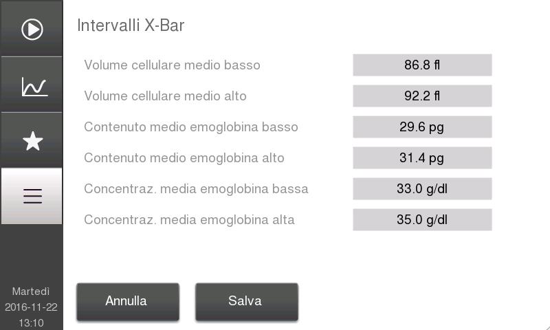 avanzata Calibrazione touchscreen Configurazione PLT Configurazione di Ritardo di prediluizione Configurazione di Intervalli X-Bar Configurazione di Miscelatore