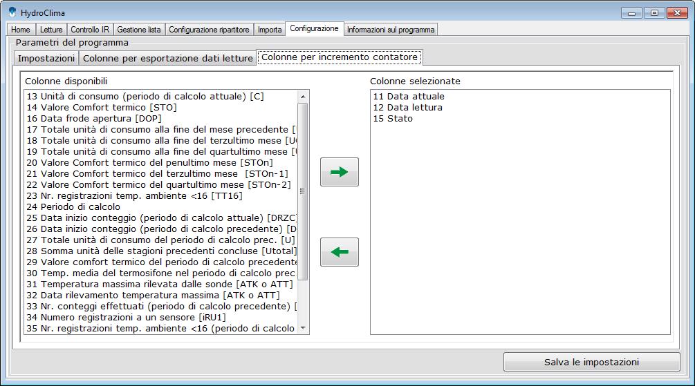 readings file. To move one field from a list to the other, select it and use the arrows.