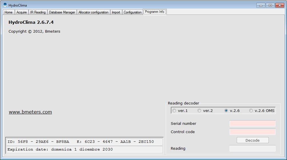 4.8 Programm Info Informazioni sul programma This tabs shows information about the version of the software, it also available a useful tool for decoding the reading sent by the users, in case the