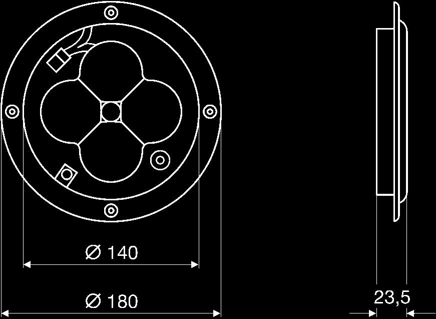 2V/6 W, Assorbimento = circa 0,5 A 24V/6 W, Assorbimento = circa 0,25 A Funzione illuminazione notturna 2JB 343 227-047 2 Plafoniera rettangolare DuraLED In esecuzione sigillata comprendente la base