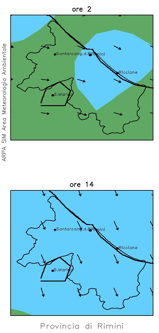 Intensità e direzione del vento a 10 m di altezza Anno 2003 Ore 2 e 14 dei giorni tipici [m/s] Inverno Primavera Estate Autunno