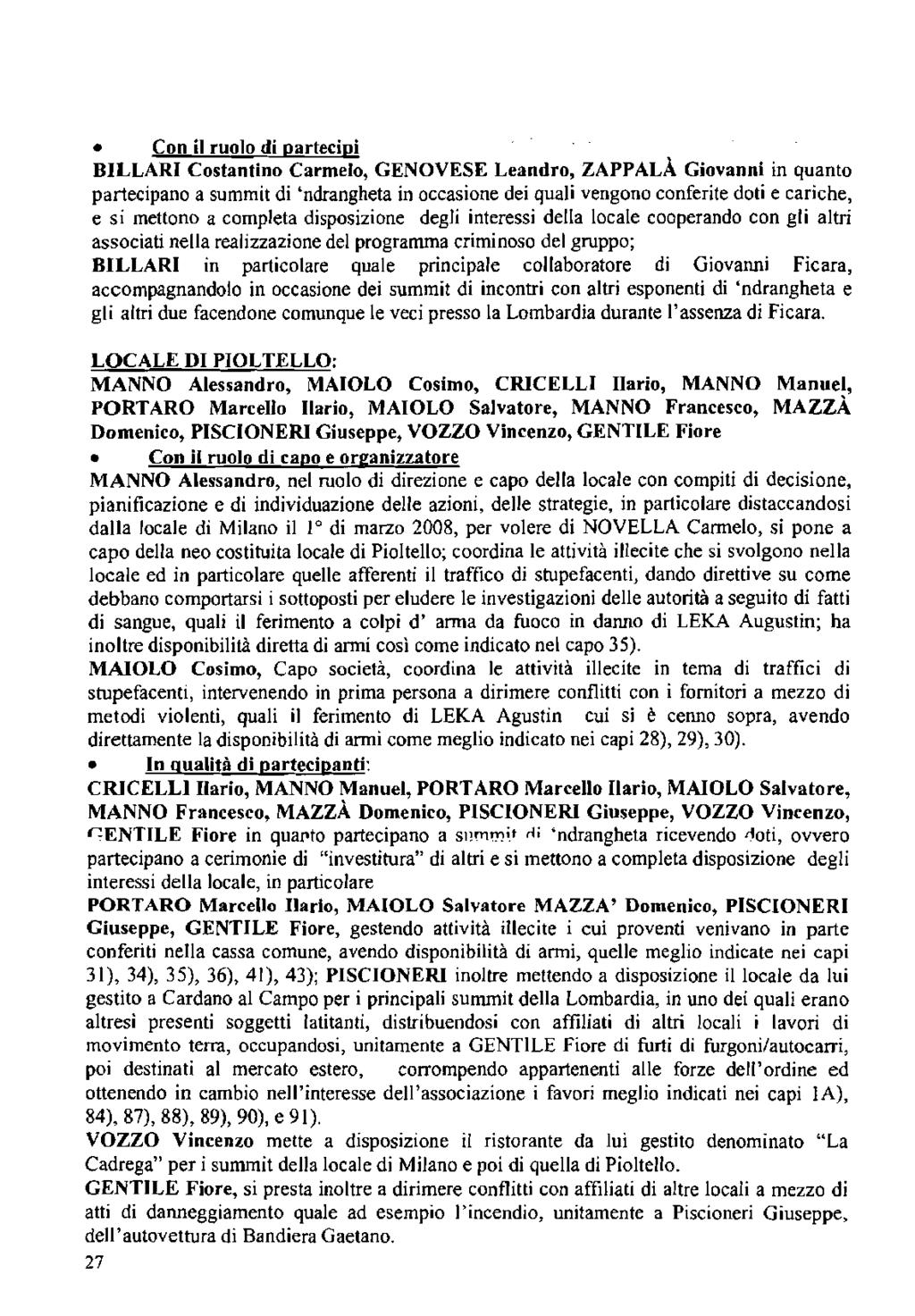 Con il ruolo di partecipi BILLARI Costantino Carmelo, GENOVESE Leandro, ZAPPALÀ Giovanni in quanto partecipano a summit di 'ndrangheta in occasione dei quali vengono conferite doti e cariche, e si