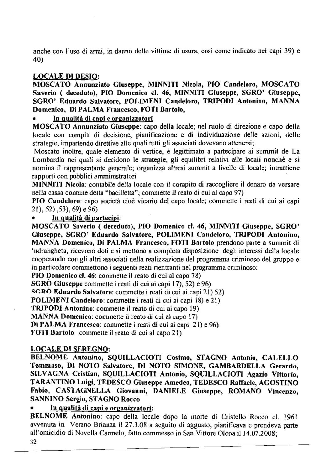 anche con l'uso di armi, in danno delle vittime di usura, cosi come indicato nei capi 39) e 40) LOCALE DI DESIO: MOSCATO Annunziato Giuseppe, MINNITI Nicola, PIO Candeloro, MOSCATO Saverio (