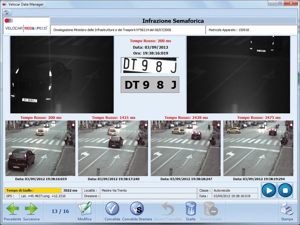 Velocar Data Management Interfaccia per la validazione delle infrazioni semaforiche La scheda di validazione riporta le informazioni relative all infrazione quali: Tempo del giallo semaforico: il