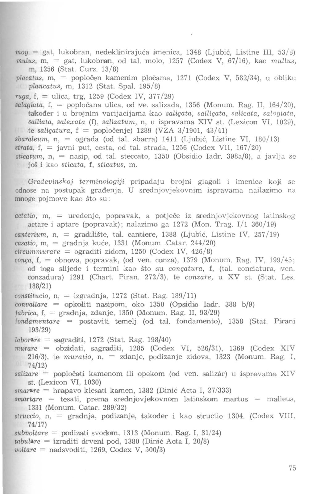 moy = gat, lukobran, nedekiliinirajuća ~menica, 1348 (Ljubić, Li.stine III, 53 / 8) mulus, m, = gat, lujwbi1an, od tal. molo, 1257 (Codex V, 67/16), kcw mullus, m, 1256 (S.tat. Curz.