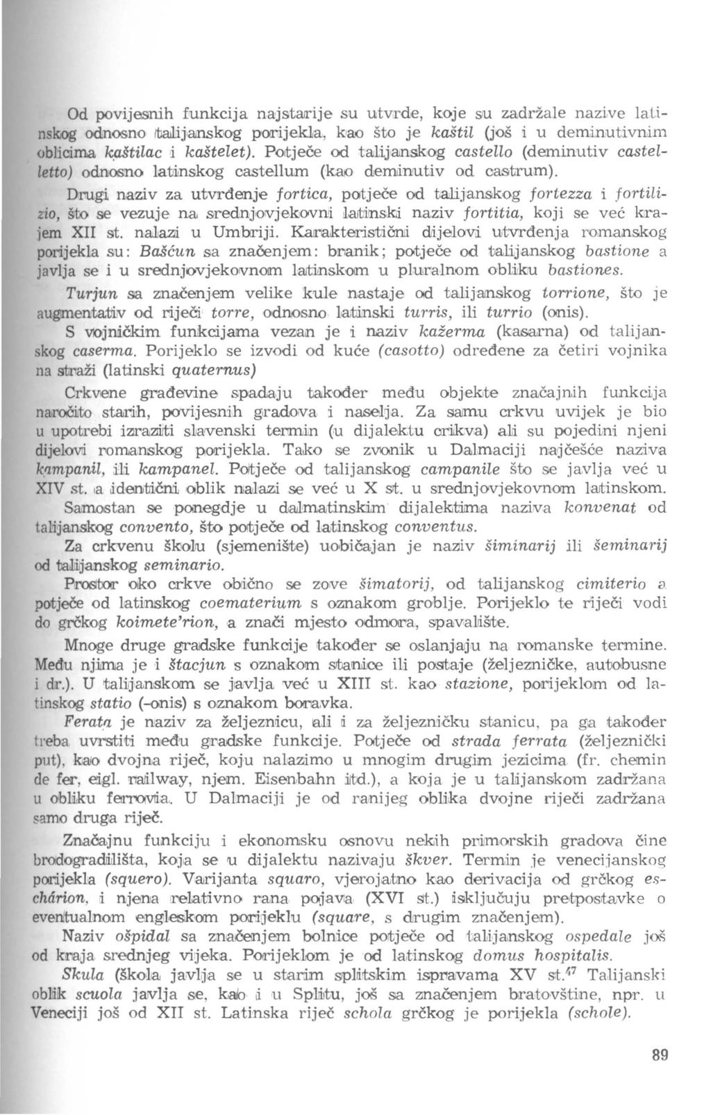 Od povijesnih funkcija najstrurije su utvrde, koje su zadržale nazive lal.inskiog odnosno!tjauij,amskog parijek.1a, k'ao što j.e kaštil (još i u deminutivn.im oblicima k,aštilac i kaštelet).