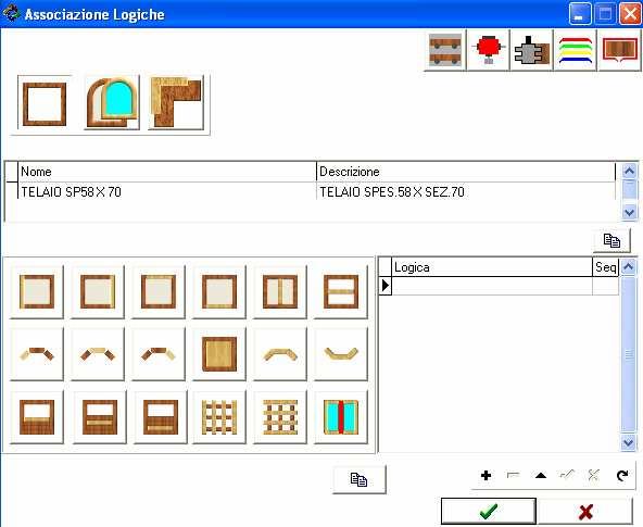 5.4 ASSOCIAZIONE LOGICHE - ELEMENTI Il menù ASSOCIAZIONE LOGICHE ELEMENTI serve per indicare al programma quali logiche deve applicare ad ogni elemento delle diverse configurazioni di Telaio, Anta e