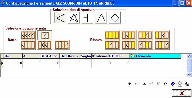 6.5 - APPLICAZIONE ANUBA Selezionando il pulsante si apre la seguente schermata: Pulsanti per la selezione del tipo di anta che apre Pulsanti per la selezione del tipo di apertura Pulsanti per la