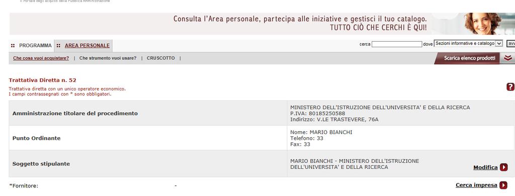 Figura 4 - Numero della Trattativa Diretta Il Soggetto Stipulante è individuato automaticamente dal sistema con il Punto Ordinante che sta avviando la Trattativa Diretta ma può essere modificato fino