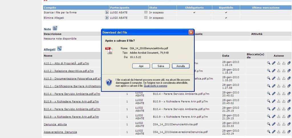 Cliccando sul nome dell allegato Dichiarazione Attività si apre la mascherina Download