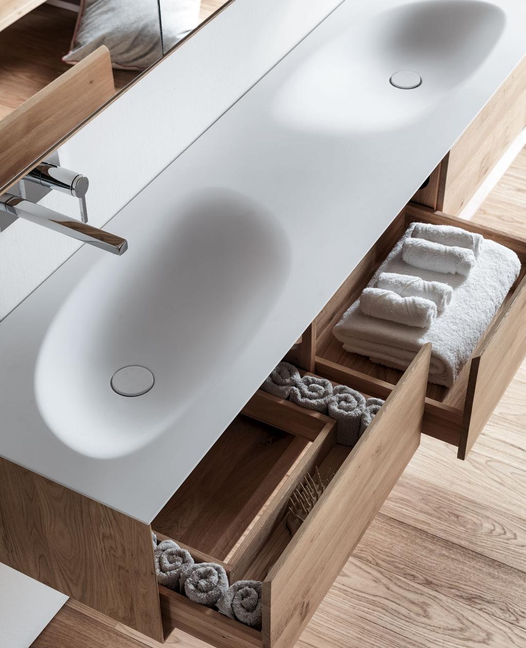 Picture: furniture with double built-in washbasin SHAPE in biobased Cristalplant, structure and internal drawers in Solid Oak. Sizes cm 183 x 48 x h 33.