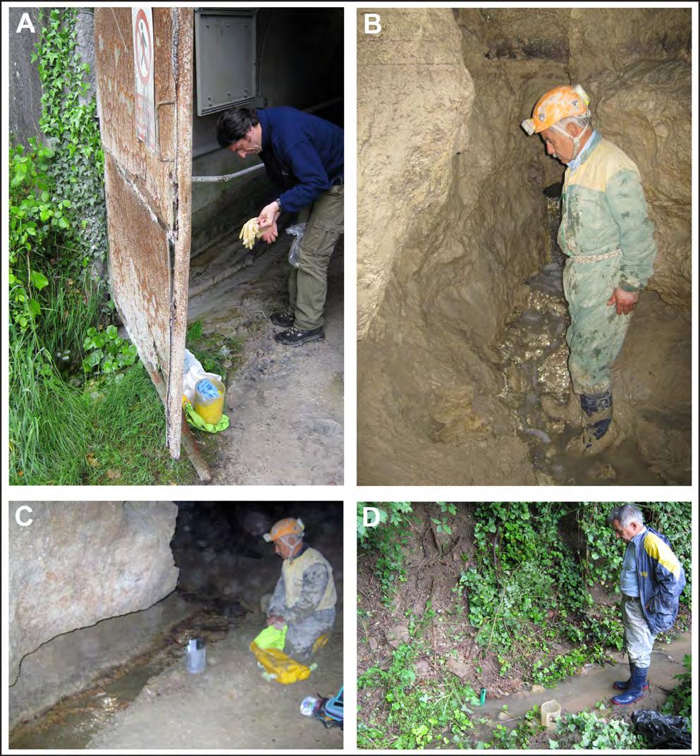 Fig. 2 Le sorgenti campionate: A. Risorgente del Re Tiberio (uscita di cava, E03); B. Torrente in galleria di cava proveniente dalla Grotta del Re Tiberio (E04); C.