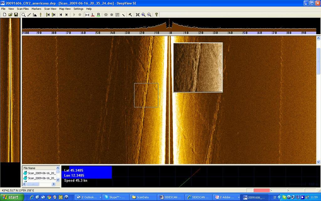 I sonogrammi ottenuti al side scan sonar hanno evidenziato anche il solco determinato da diverse attrezzature a strascico.