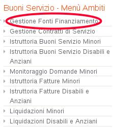 Gestione Fonti Finanziamento - Prima Infanzia Cliccando sul link "Gestione Fonti di Finanziamento" nella sezione Buoni Servizio - Menù Ambiti (FIG.