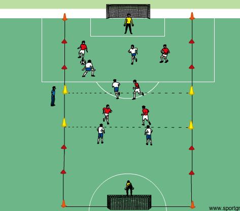 il pallone e trovare delle soluzioni 1 contro 1 - Creare la superiorità Gioco in 3 zone Il gioco con più porte - Gioco libero.