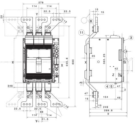 Dimensioni di ingombro Tmax T7M Interruttore estraibile Anteriori prolungati divaricati - ES Legenda Foratura lamiera porta della cella con mostrina terminali RS-VR-HR-EF-ES 2 Segregazione posteriore