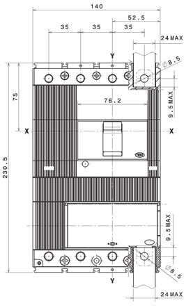 Dimensioni di ingombro Interruttore con differenziale RC223 Tmax T3 Esecuzione fissa Legenda Terminali anteriori con differenziale Terminali anteriori per collegamento con sbarre 2 Dima per foratura