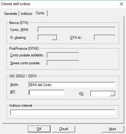 Con il tasto TAB o ENTER, passare alla scheda successiva "Conto". Inserire il codice IBAN del conto a cui viene destinato il file XML.