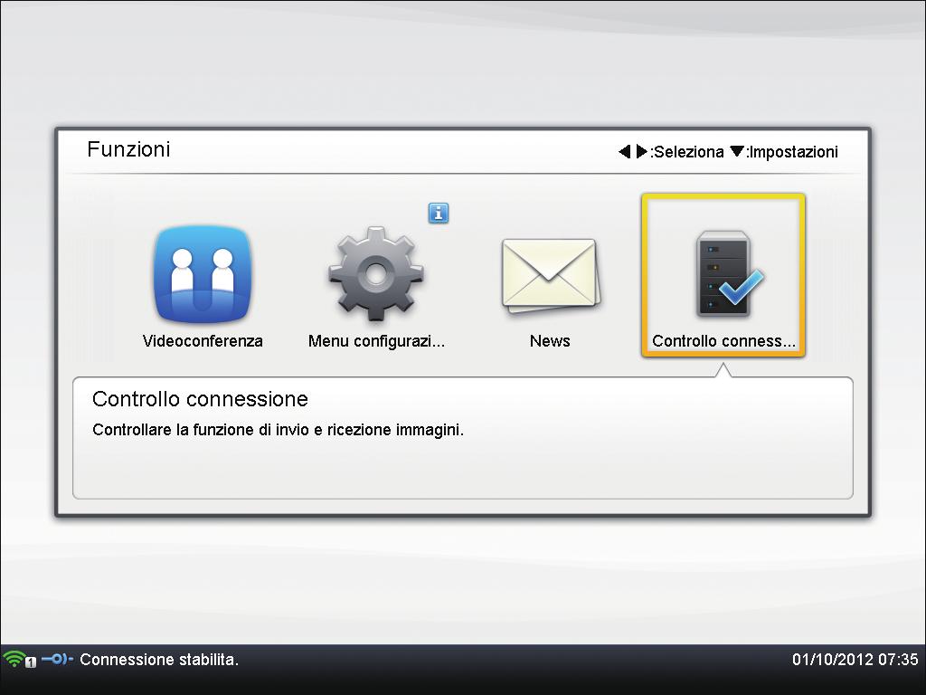 Controllo connessione Questa funzione permette di controllare la qualità delle immagini di una riunione visualizzando un'immagine dalla fotocamera attraverso il centro dati Ricoh.