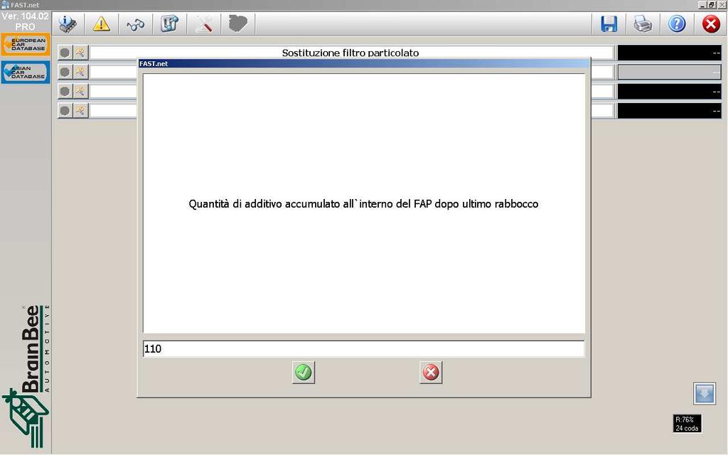 - Inserire il valore 110 relativo alla Quantità di additivo accumulato all