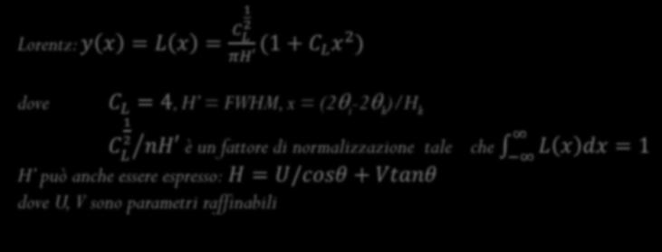 x = L x = C L (1 + C πh L x 2 ) 1 2 dove C L = 4, H = FWHM, x = (2q i -2q k )/H k 1 C 2 L nh è un fattore di normalizzazione tale che L x dx = 1 H può anche essere espresso: H