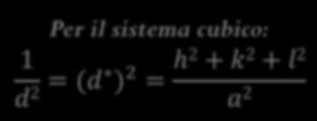 Indicizzazione di un pattern di diffrazioni da polveri Per il sistema cubico: 1 d = 2 (d ) 2 = h2 + k 2 + l 2 a 2 Se il cristallo ha simmetria cubica le tre costanti reticolari a, b e c sono