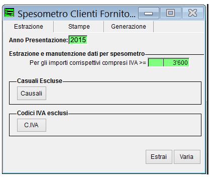 - Rimanendo loggati nell anno corrente, aprire la maschera dello Spesometro (Contabilità->Operazioni Annuali->Spesometro): - Nel pulsante Causali Escluse e Codici IVA esclusi inserire la lista delle