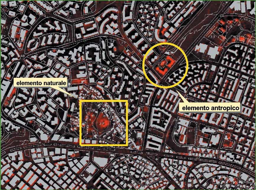 Il cerchio individua un'area in cui è possibile riscontrare un nuovo edificio non riportato sulla cartografia disponibile, il quadrato individua un