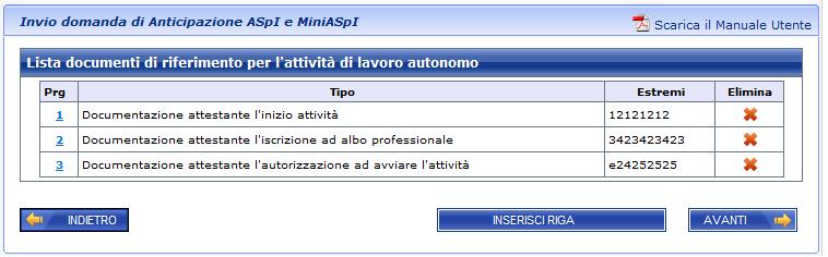 Tale pagina cambia a seconda della tipologia di documento da segnalare: di seguito ne viene riportato un esempio: Figura 15 Anticipazione ASPI e MiniASPI: nuovo documento per attività autonoma,